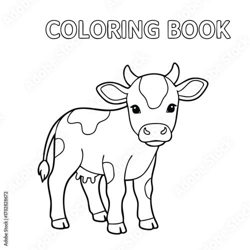 Black and white outline illustration of a young calf standing with visible spots and a tail for coloring book use