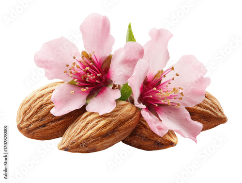 Close-up of almonds and blossoms.  Pink flowers with light pink petals surround two whole almonds.  Almonds are light brown,  showing a textured surface.  