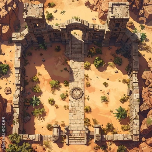 Aerial view of a crumbling desert temple