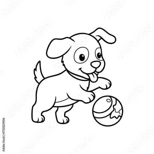 Cute playful puppy happily chasing and pawing at a ball in a simple black and white line art style