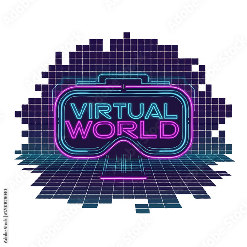 Virtual reality headset displaying virtual world text isolated on white background