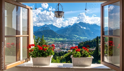 Alpine vista from a window with flowers
