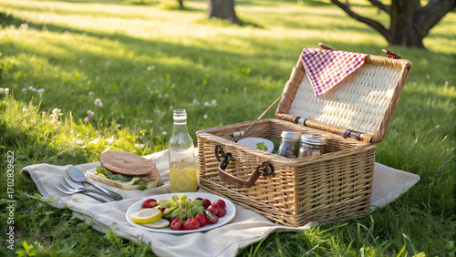 A wicker picnic basket sits open on a soft blanket spread over lush green grass in a sun-dappled park or countryside meadow