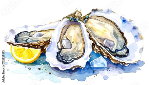 Watercolor illustration of oysters and lemon