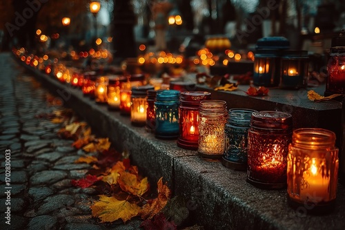 Collection of lit candles for All Souls Day remembrance at a cemetery