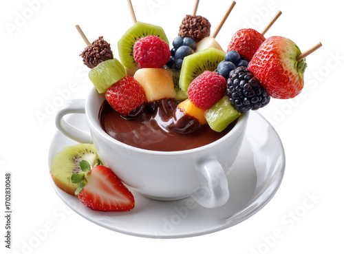 Fruit skewers in a cup of melted chocolate