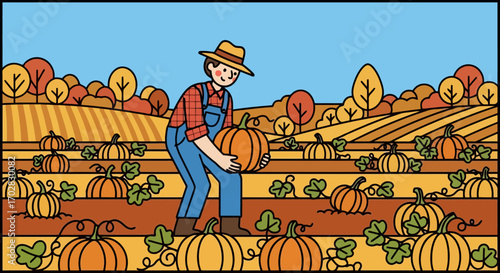 Cheerful Farmer Harvesting Pumpkins in a Vibrant Autumn Field, Ideal for Children's Books, Educational Materials, and Seasonal Marketing Campaigns