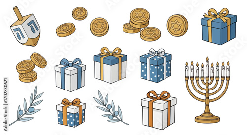 Hand-Drawn Hanukkah Elements for Festive Greetings, Invitations, and Holiday-Themed Design Projects, Perfect for Spreading Holiday Cheer