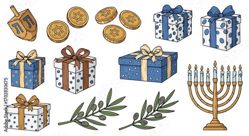 Hand-Drawn Hanukkah Elements Illustration, Perfect for Holiday Cards, Invitations, and Social Media Content to Celebrate the Festival of Lights