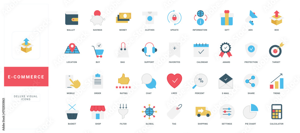 Ecommerce, online purchase on sales and payment, customers wallet, gift color icon set. Order shipping, commercial advertising and cart, likes and rating from shop client flat vector illustration Ecommerce, online purchase on sales and payment, customers wallet, gift color icon set. Order shipping, commercial advertising and cart, likes and rating from shop client flat vector illustration