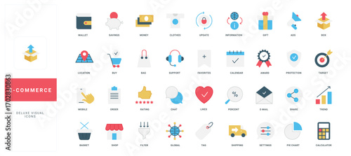 Ecommerce, online purchase on sales and payment, customers wallet, gift color icon set. Order shipping, commercial advertising and cart, likes and rating from shop client flat vector illustration