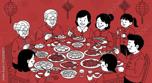 Festive Lunar New Year Family Celebration Illustration, Perfect for Cultural Events, Holiday Greetings, and Educational Materials about Chinese Traditions