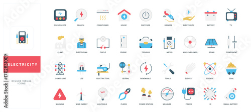 Electricity, electric power plant and renewable energy generator, electrician equipment and tools color icon set. Electrical components and appliances, high voltage pole flat vector illustration