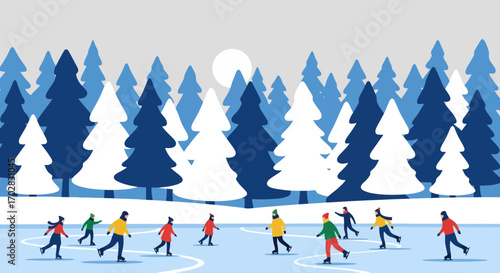 Winter Wonderland Ice Skating Scene Illustration, Perfect for Holiday Cards, Seasonal Greetings, and Festive Website Banners