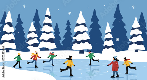 Winter Fun on Ice: Cheerful Illustration of People Skating in a Snowy Landscape, Perfect for Holiday Cards, Seasonal Greetings, and Winter-Themed Children's Books