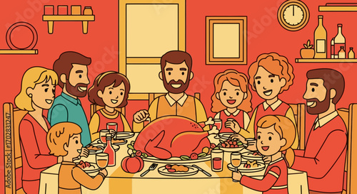 Warm Thanksgiving Family Gathering Illustration, Ideal for Greeting Cards, Social Media Posts, and Holiday-Themed Designs and Family Activities