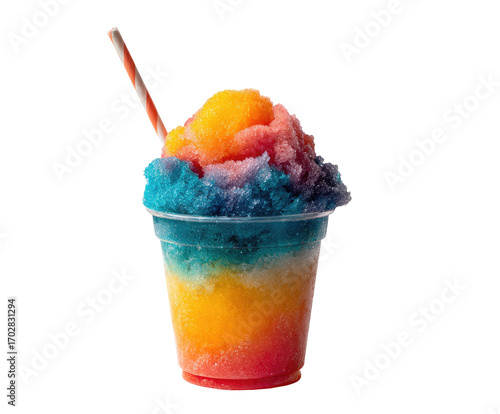 Colorful shaved ice in a plastic cup, with a straw