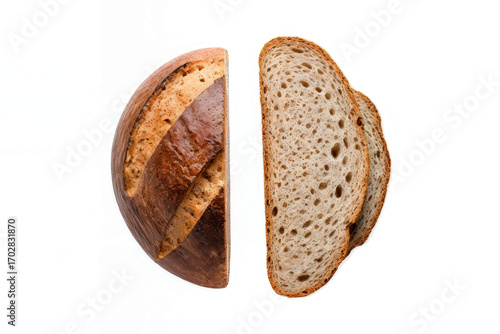 Fresh Sourdough Bread isolated on white background. Fresh baked homemade sliced rye bread, top view, copy space.