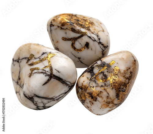 Three tumbled stones, off-white with marbled black and gold