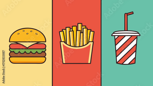 Flat design burger fries soda drink colorful backgrounds fast