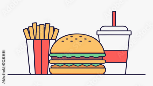 Flat design burger fries soda drink combo hamburger french
