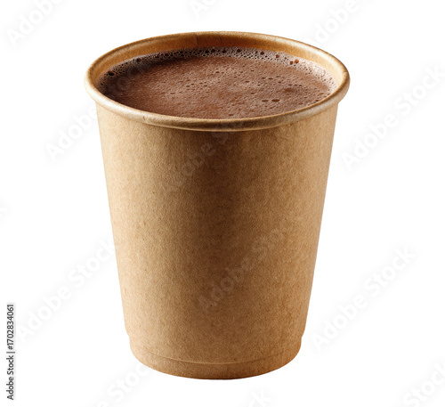 Single-use brown paper cup filled with dark chocolate drink