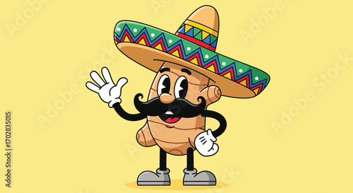 A cheerful cartoon ginger root character with a mustache and a colorful sombrero, waving its gloved hand.