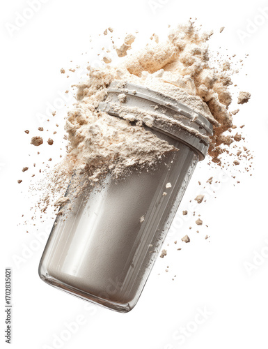 Powdered supplement in a clear plastic jar.  A light beige powder is spilling from a clear plastic jar, against a black background.  The powder is in motion