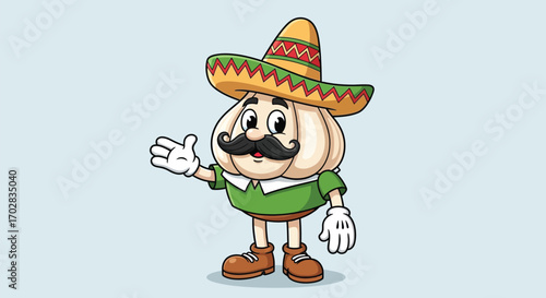 Cartoon garlic character wearing a sombrero and mustache, waving with a friendly expression, on a light blue background.