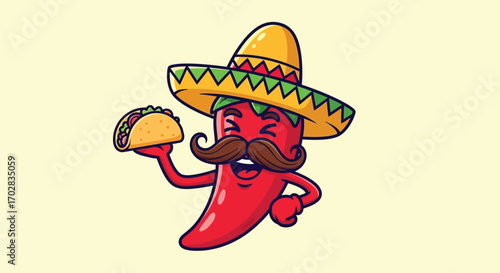 Cartoon red chili pepper with sombrero and mustache holding a taco.