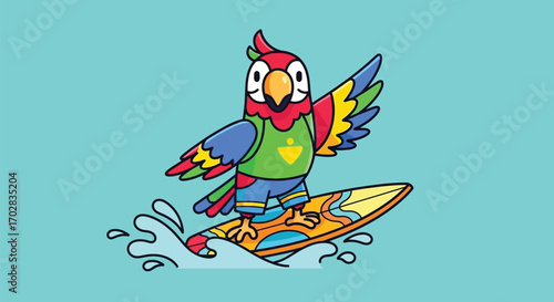 Cartoon parrot surfing on a surfboard, enjoying the waves and the ocean, wearing colorful clothes.