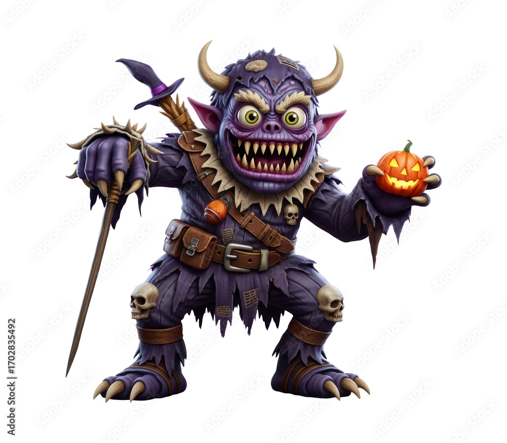 Fototapeta premium Purple goblin monster with horns and sharp teeth holding a jack-o-lantern and staff on transparent background for Halloween creature concept.