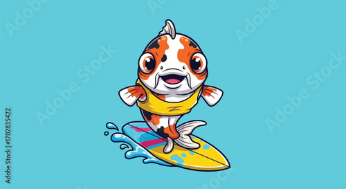 Cartoon koi fish surfing on a surfboard with a yellow shirt.