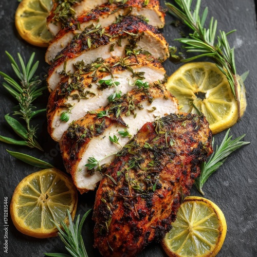 Sliced herb-roasted chicken breast, presented on a dark slate platter, garnished with lemon slices and fresh rosemary sprigs.  The chicken is visibly seasoned and slightly charred