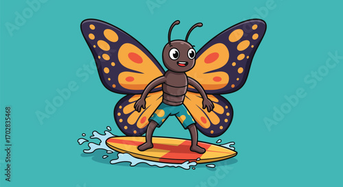 A cartoon butterfly character wearing swim trunks is surfing on a surfboard.