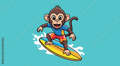 A cartoon monkey is surfing on a wave.