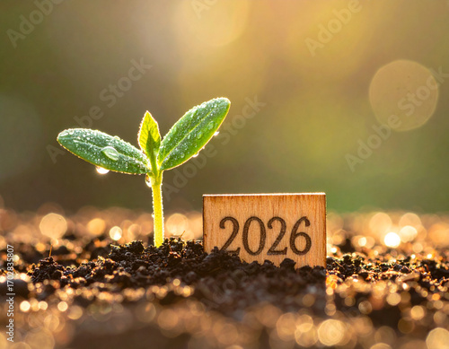 Hope for 2026 concept. A young plant growing with a 2026 wooden sign. Symbolizes new beginnings, growth, and optimism for the future.