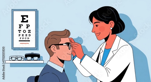 Eye doctor examining patient vision with glasses in clinic.