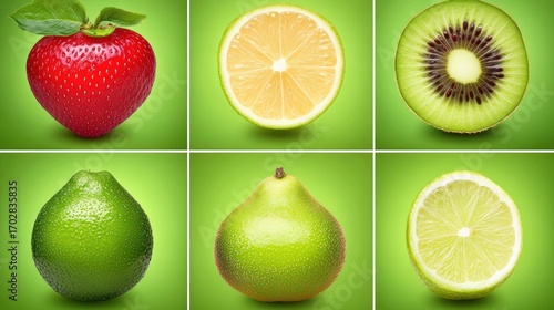 Fototapeta Naklejka Na Ścianę i Meble -  Vibrant Fruit Collage: Strawberry, Lemon, Kiwi, Lime, Pomelo on Green Background