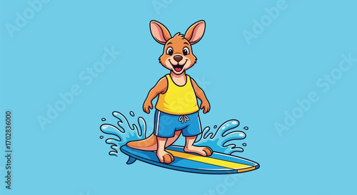 A cute cartoon kangaroo wearing a yellow tank top and blue shorts happily surfing on a surfboard with water splashing.