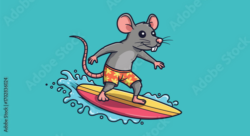 Cartoon illustration of a gray mouse wearing orange shorts surfing on a yellow surfboard in the ocean.