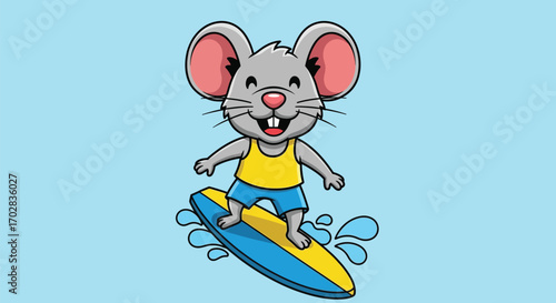 Cartoon mouse surfing on a blue and yellow surfboard in a light blue ocean.