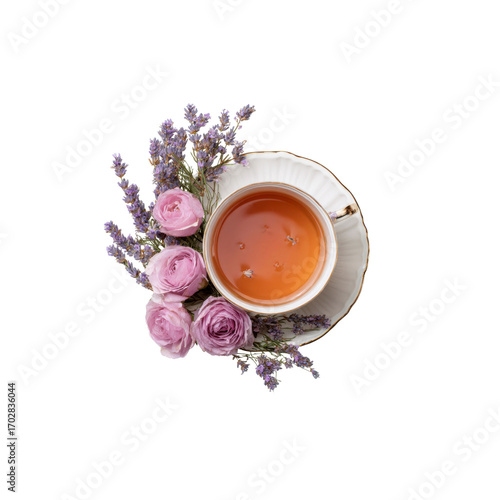 Aromatic Herbal Tea with Lavender and Roses Overhead View