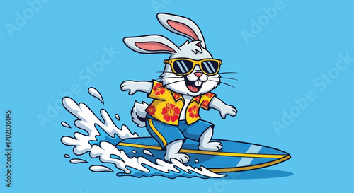 A cartoon bunny wearing sunglasses and a Hawaiian shirt, riding a surfboard on a wave.