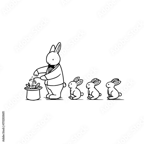 Cartoon magician rabbit pulling rabbits from a hat magic show illustration line art vector drawing design