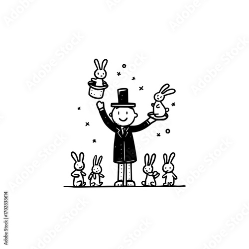 Magician performing magic trick with rabbits drawing illustration vector art for kids and adults design