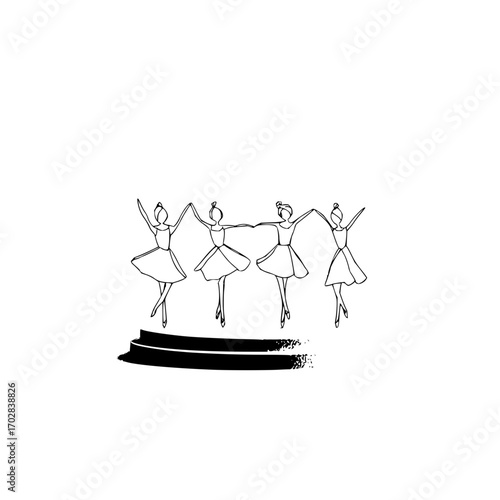 Ballet dancers line art drawing of ballerinas performing on stage in a minimalist black and white design style