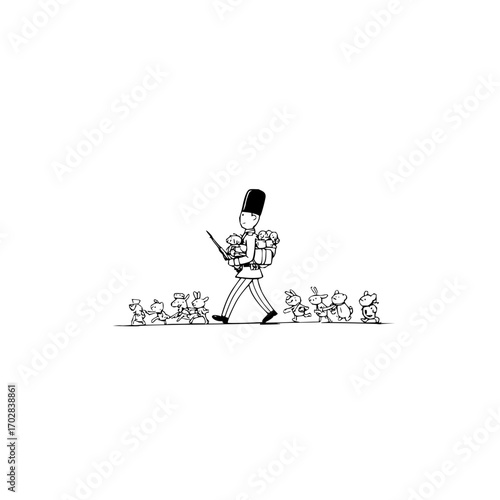 Illustration of toy soldier leading cute animal toys drawing vector art black and white line art for kids design