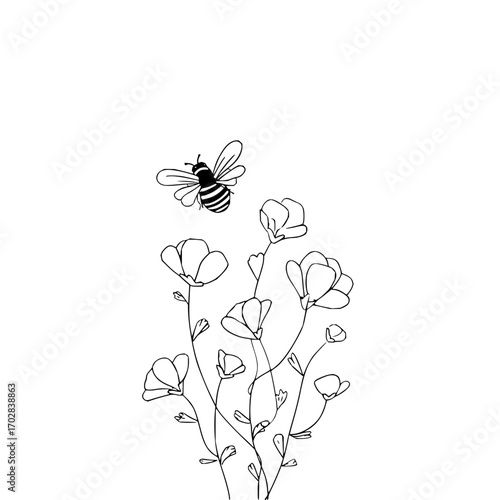Bee flying over wildflowers drawing vector illustration line art design for prints and decoration one hundred