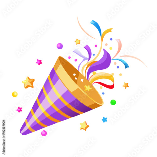 Colorful party popper vector with golden cone, flying confetti and streamers for celebration and festive design